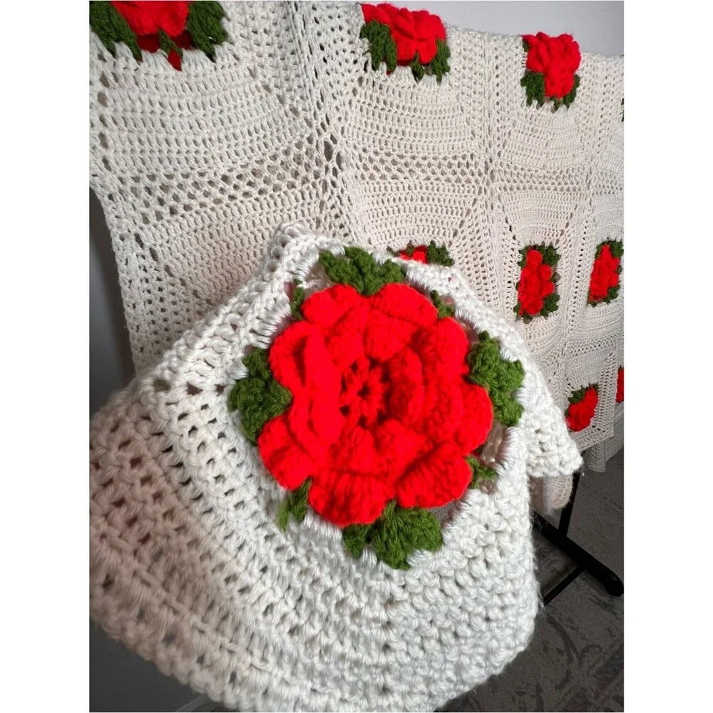VTG Handmade Crochet Throw 3D Red Roses Granny Square Afghan 72”x60”